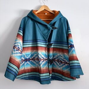 Western Aztec Teal and Multicolour Cape Coat Jacket